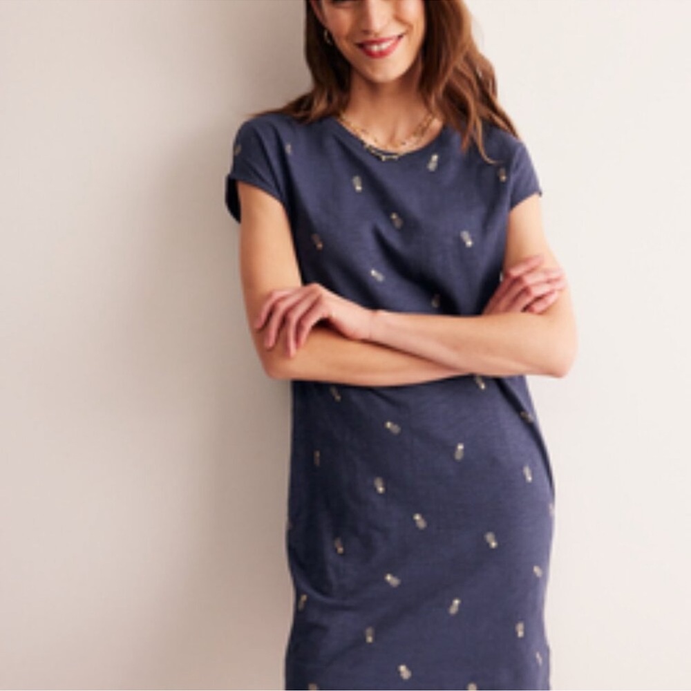 BODEN Paulina Jersey Dress Gold pineapple Print in Navy Blue size 8